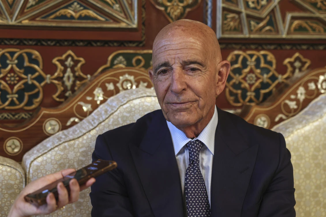 US Ambassador to Turkiye and Special Envoy to Syria Tom Barrack speaks during an interview with The Associated Press at the airport in Damascus, Syria. (AP)