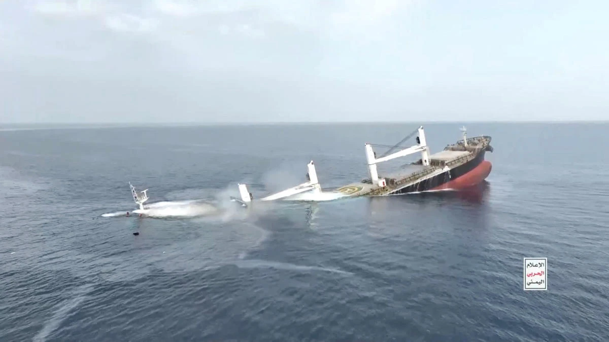 A vessel said to be Greek-operated, Liberia-flagged Eternity C sinks in a footage released by Yemen's Houthis, in the Red Sea, in this screen grab taken from a handout video released on July 9, 2025. (Reuters)