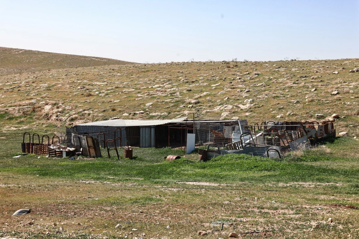 Damaged farmers’ dwellings and cattle pens of a Bedouin community in the Jordan Valley area near Jericho, whose Palestinian residents were evacuated after reported attacks by Israeli settlers, in the Israel-occupied West Bank, March 16, 2025. (AFP)