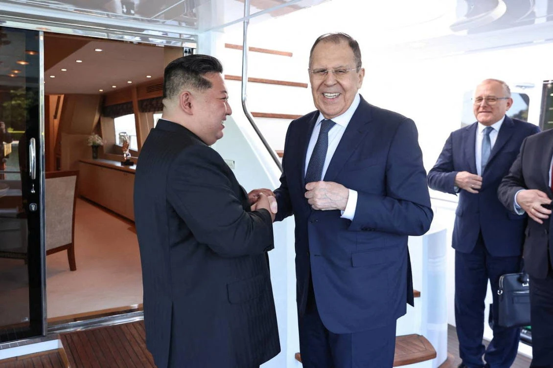 North Korean leader Kim Jong Un shakes hands with Russian Foreign Minister Sergei Lavrov during a meeting in Wonsan, North Korea on July 12, 2025. (Russian Foreign Ministry via Reuters)