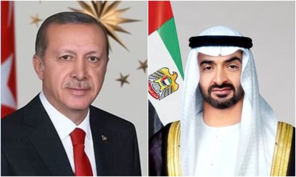 Turkish President Recep Tayyip Erdoğan and UAE President Sheikh Mohamed bin Zayed Al Nahyan. (Emirates News Agency)