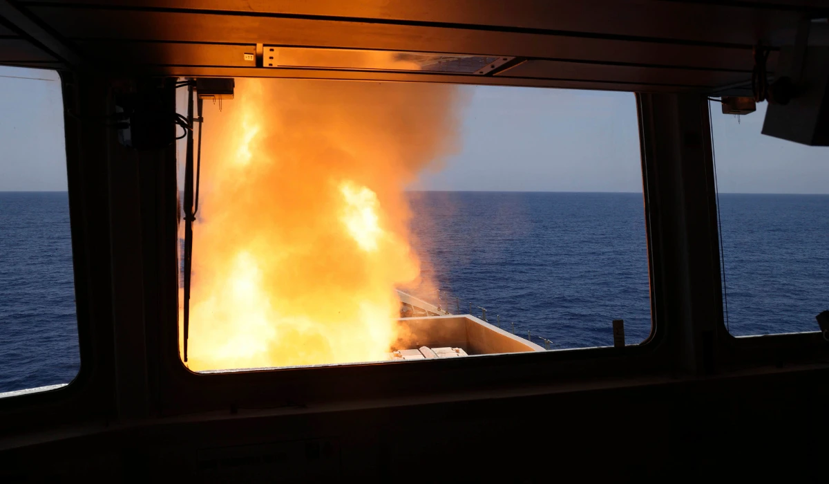 In this photo provided by the Ministry of Defence (MoD), a Sea Viper missile is launched from HMS Diamond to shoot down a missile fired by the Iranian-backed Houthis from Yemen, Wednesday, April 24, 2024. (AP file photo)
