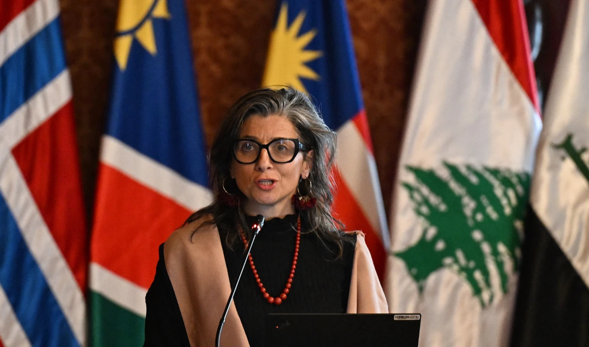 Francesca Albanese, United Nations Special Rapporteur on the situation of human rights in the Palestinian territories, speaks during the emergency conference of The Hague Group at the San Carlos Palace in Bogota on July 15, 2025. (AFP)