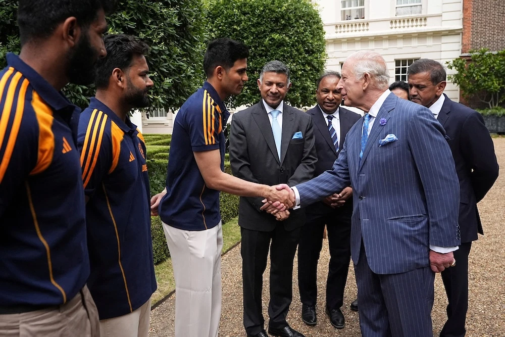 King Charles III meets members of the India men’s Test cricket team Jasprit Bumrah, Rishabh Pant and Captain Shubman Gill during an audience in the gardens of Clarence House, London on July 15, 2025. (Reuters)
