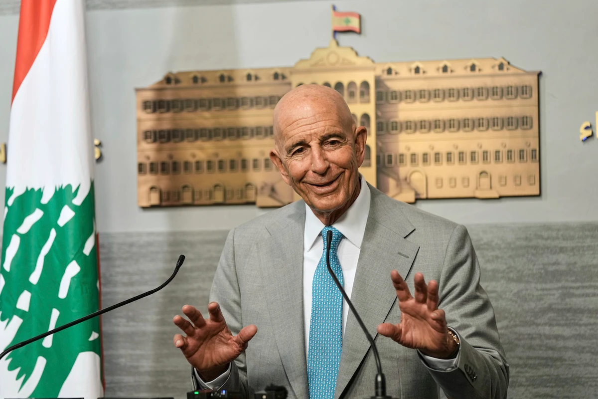 US Ambassador to Turkey and Special Envoy to Syria Tom Barrack speaks during a press conference at the government palace in Beirut, Lebanon, July 21, 2025. (AP)