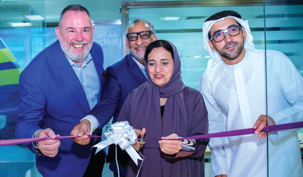 Cutting the ribbon of the new flyadeal office are: flyadeal CEO Steven Greenway; Orient Travel CEO Asim Arshad; and Orient Travel Co-owners Sheikha Lubna bint Khalid and Sheikh Fahim bin Sultan.
