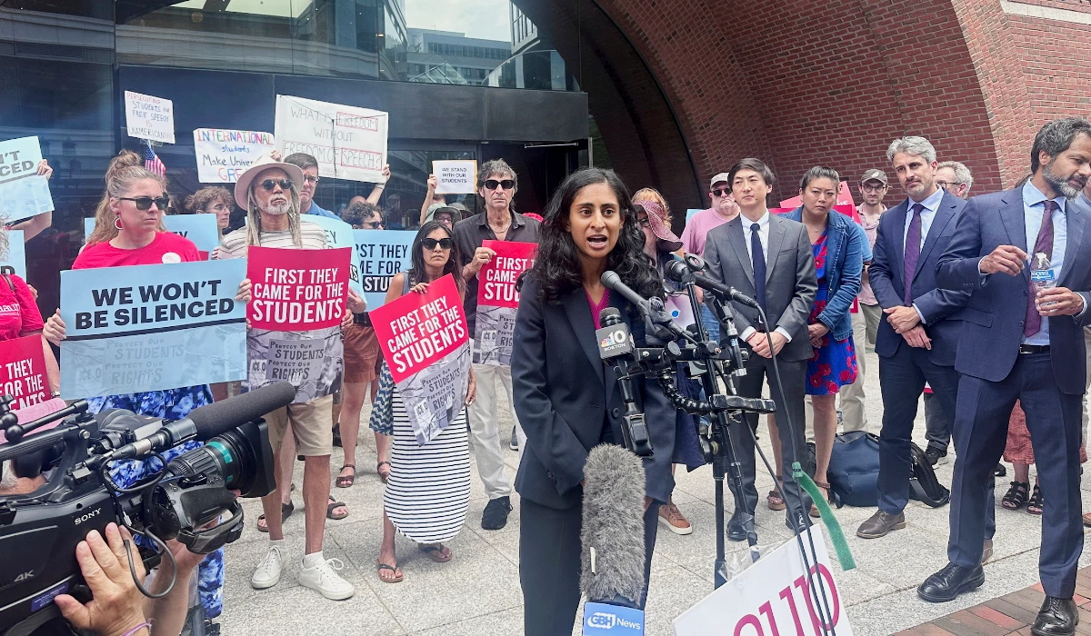 Ramya Krishnan, senior staff attorney at the Knight First Amendment Institute, speaks about a lawsuit challenging the Trump administration over deporting students and faculty who took part in pro-Palestinian demonstrations on July 7, 2025, at the federal courthouse in Boston. (AP)