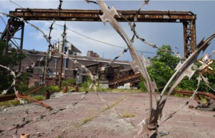 A view of the destroyed part of the Ilyich Iron and Steel Works in the Russian-controlled Azov Sea port city of Mariupol in southeastern Ukraine on July 16, 2025. (AFP)