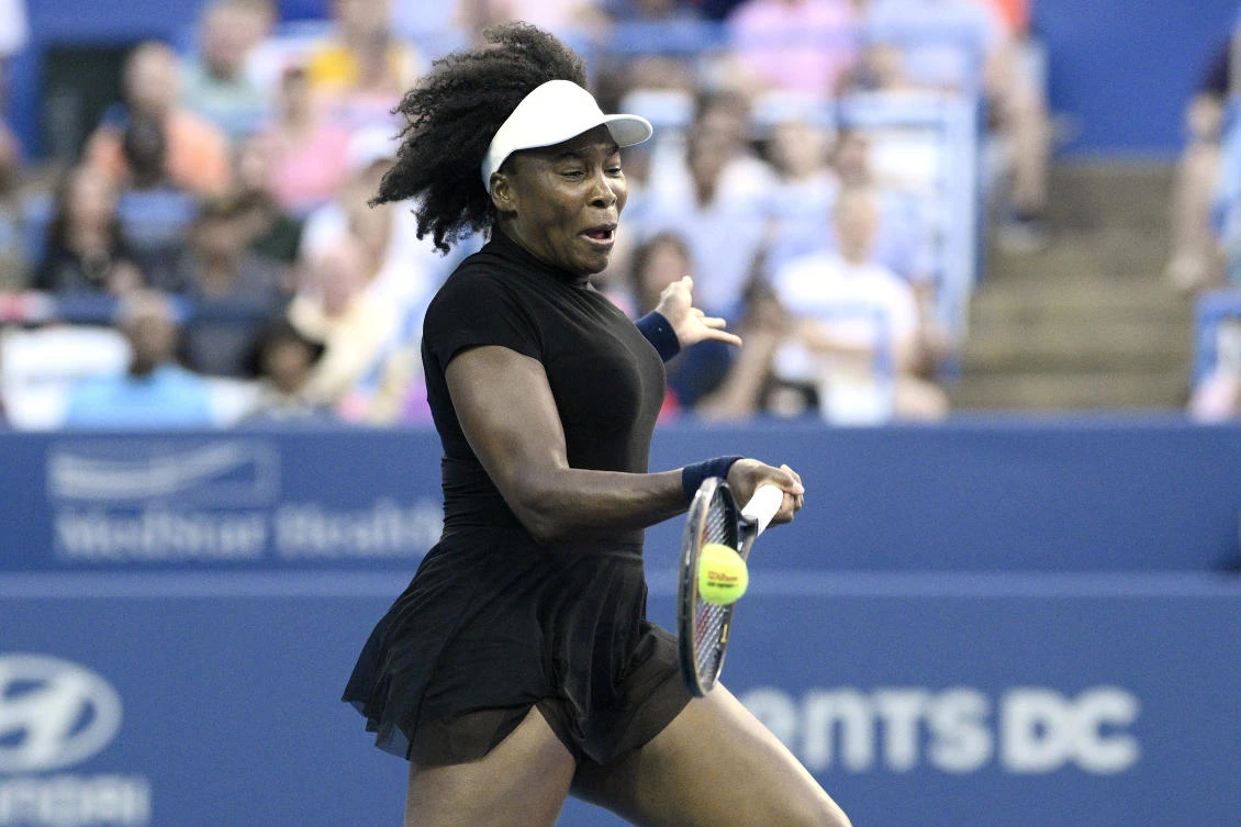 Venus Williams returns the ball against Peyton Stearns during a match at the Citi Open tennis tournament Tuesday, July 22, 2025, in Washington. (AP)