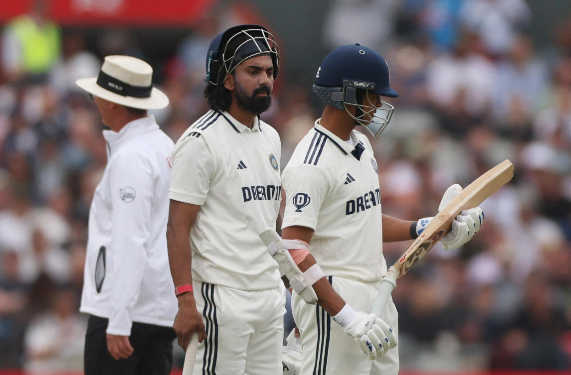 India's KL Rahul looks on as Yashasvi Jaiswal looks at his bat after it broke while playing a shot from a ball bowled by England's Chris Woakes Cricket - International Test Match Series - Fourth Test - England v India - Old Trafford Cricket Ground, Manchester, July 23, 2025. (Reuters)