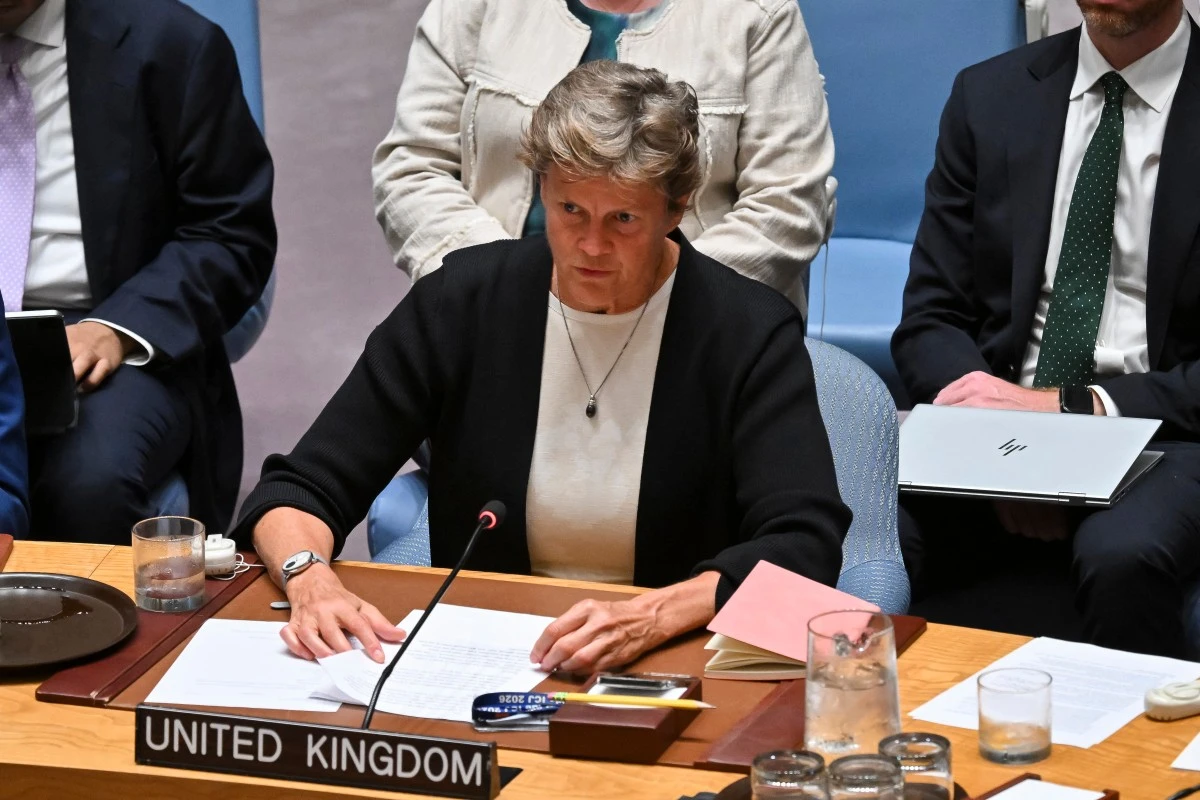 UK’s Permanent Representative to the UN, Barbara Woodward, speaks during a United Nations Security Council meeting on the conflict in the Middle East, July 16, 2025. (Agence France-Presse)