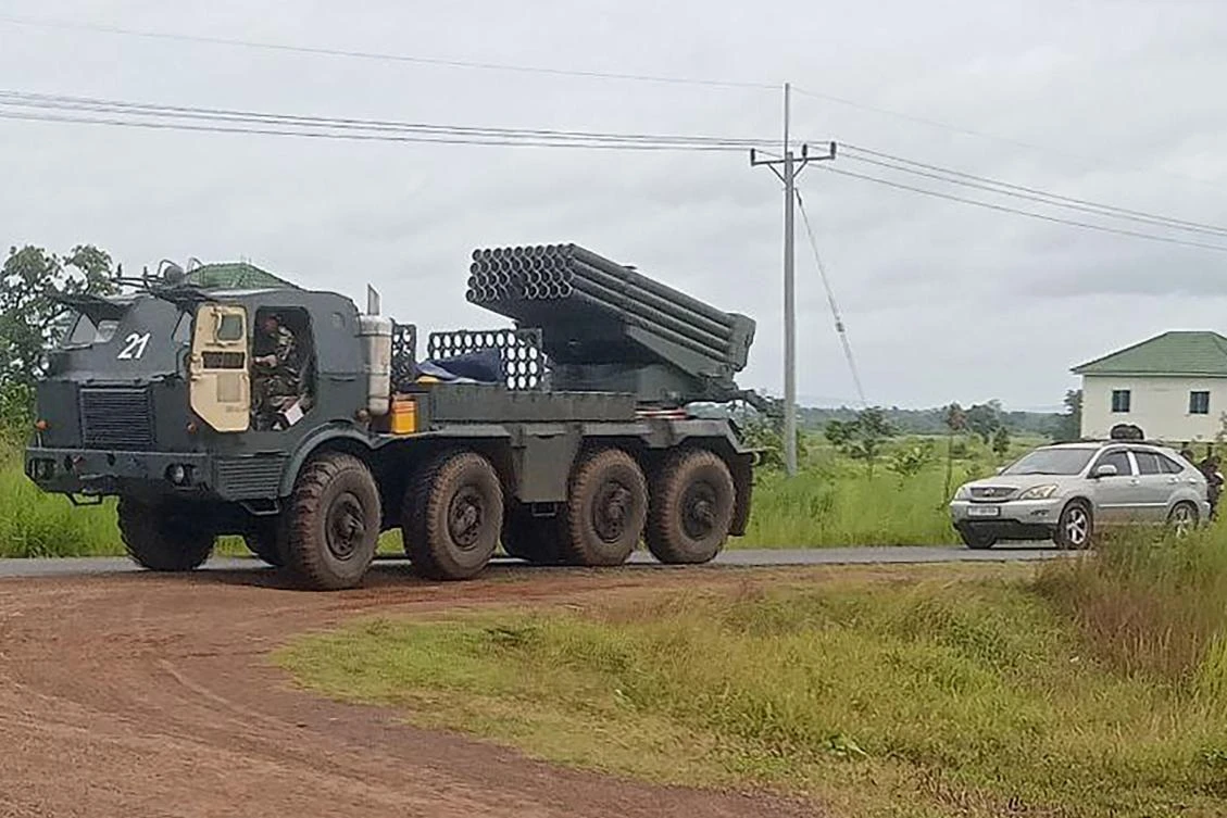 A Cambodian BM-21 multiple rocket launcher returns from the Cambodia-Thai border as Cambodian and Thai troops exchanged fire in a new round of clashes in Preah Vihear province on July 24, 2025. (AFP)