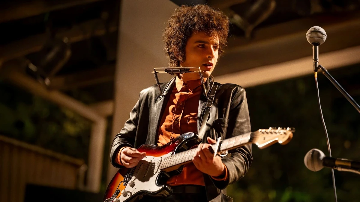 Timothee Chalamet as Bob Dylan in ‘A Complete Unknown.’ (Supplied)