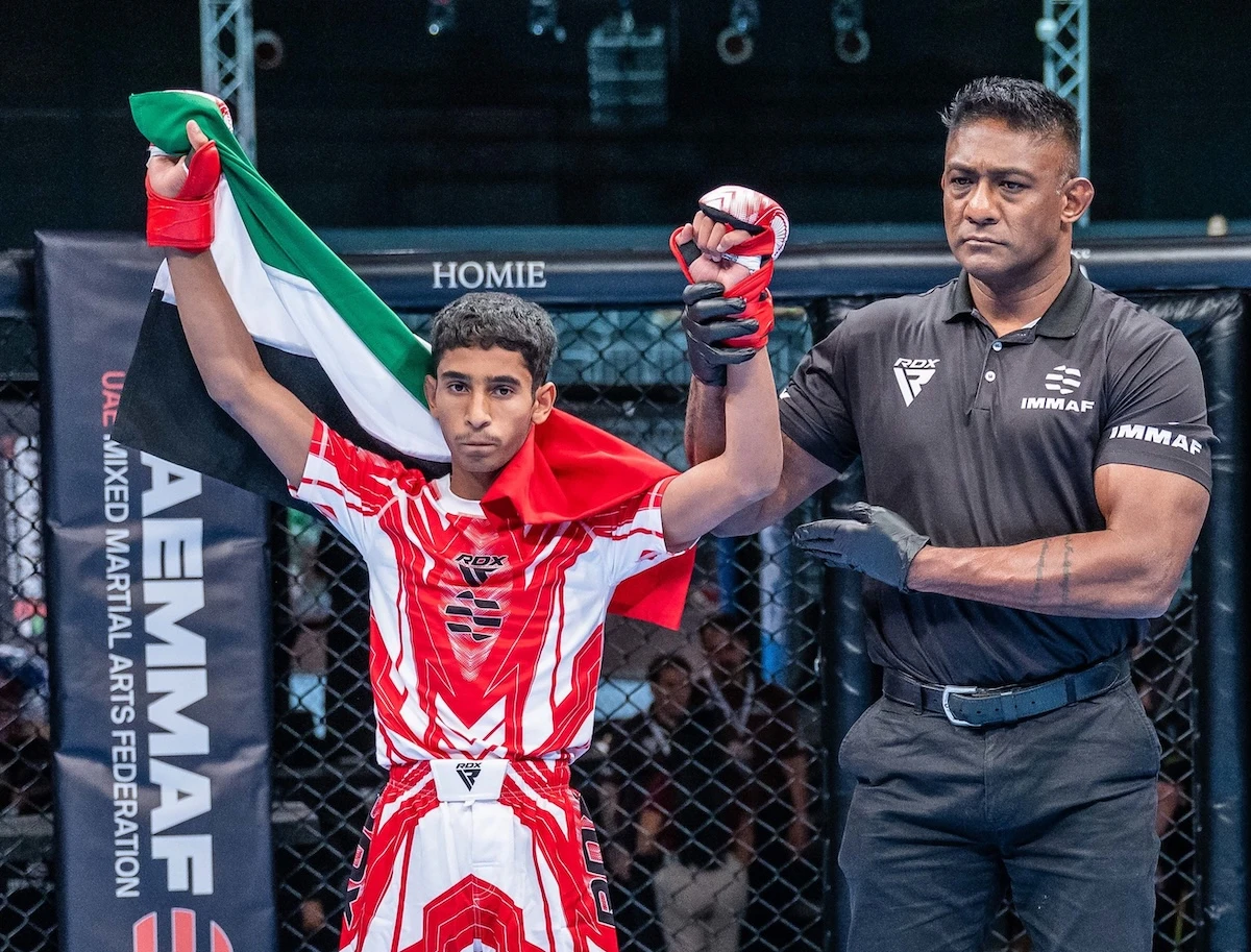 UAE's Saif Alblooshi celebrates winning gold at the IMMAF Youth World Championships in Al Ain. (SUPPLIED)
