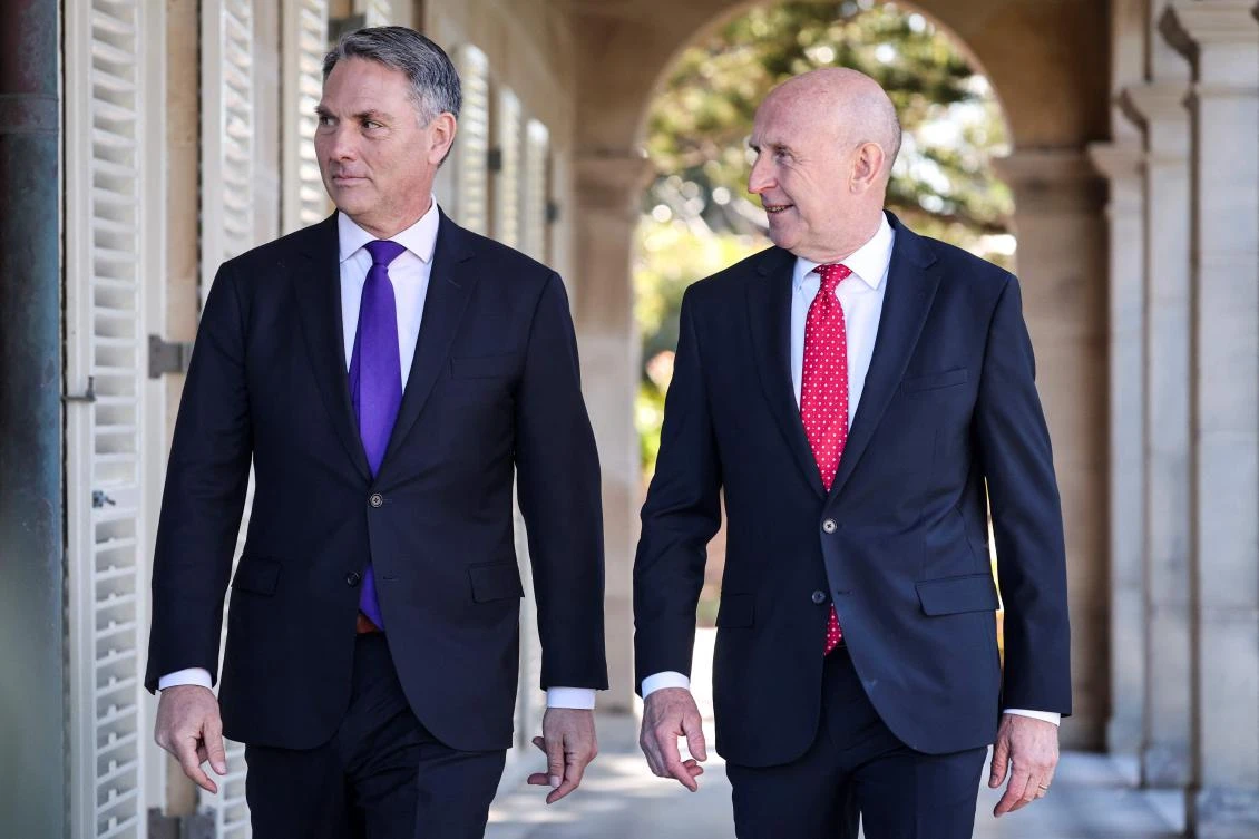 Australia’s Deputy Prime Minister and Minister for Defense Richard Marles, left, walks with Britain’s Defense Secretary John Healey before the start of the Australia-UK Ministerial Consultations meeting in Sydney on July 25, 2025. (AFP)