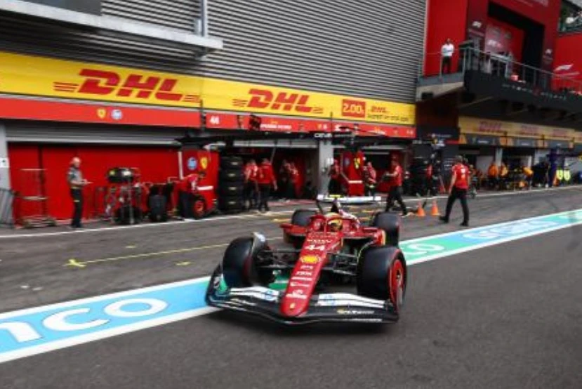 Ferrari’s British driver Lewis Hamilton drives on the pit lane during the qualifying session ahead of the Formula One Belgian Grand Prix at the Spa-Francorchamps circuit in Spa, on July 26, 2025. (AFP)