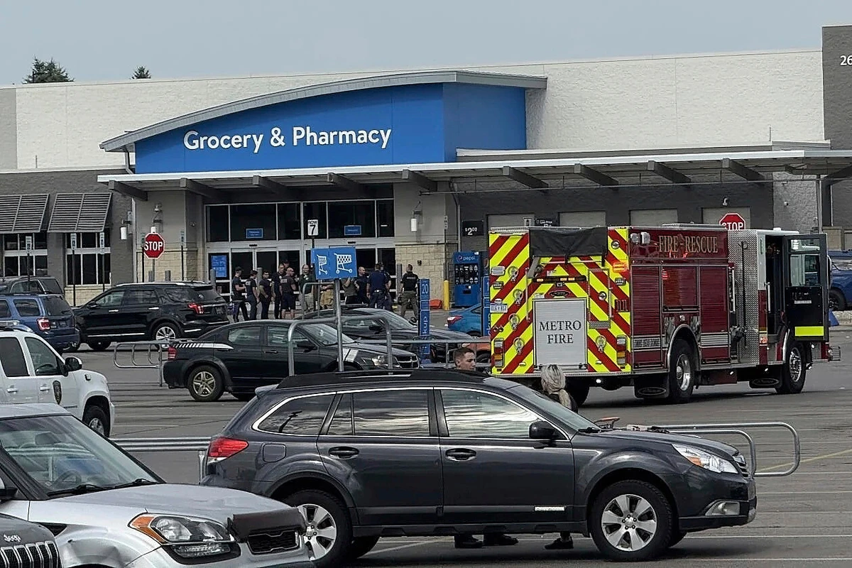 Emergency services respond after multiple people were stabbed at Walmart in Traverse City, Michigan, on July 26, 2025. (Traverse City Record-Eagle via AP)