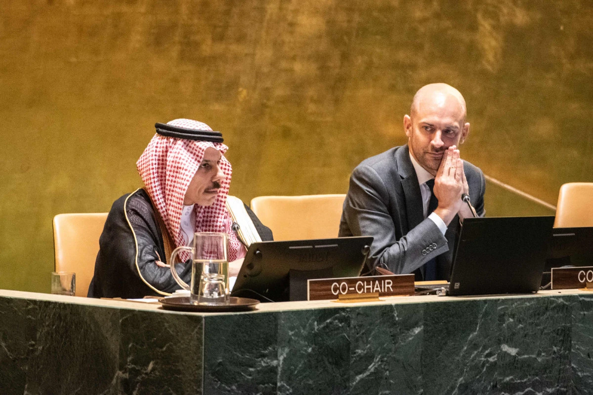 Saudi Arabia's foreign minister, Prince Faisal bin Farhan Al-Saud, and French FM Jean-Noel Barrot chair a conference on Palestine and a two-state solution at the United Nations on July 29, 2025 in New York City. (Getty Images via AFP)