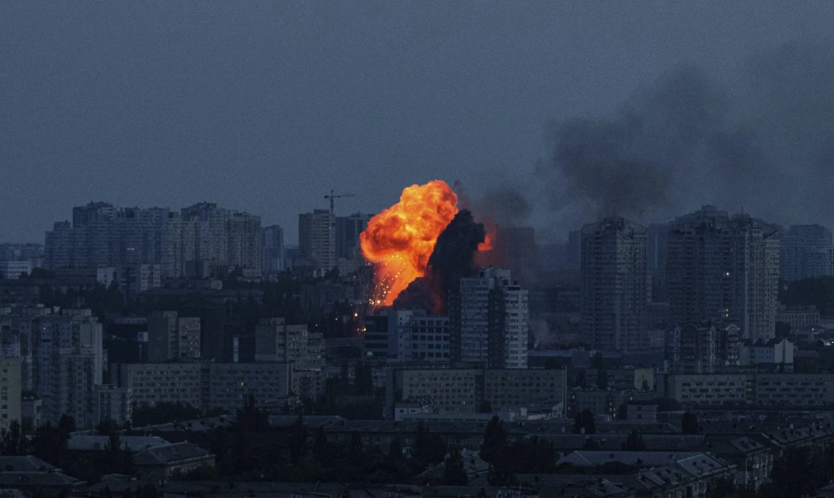 An explosion is seen after a Russian air strike on Kyiv, Ukraine, June 6, 2025. (AP)