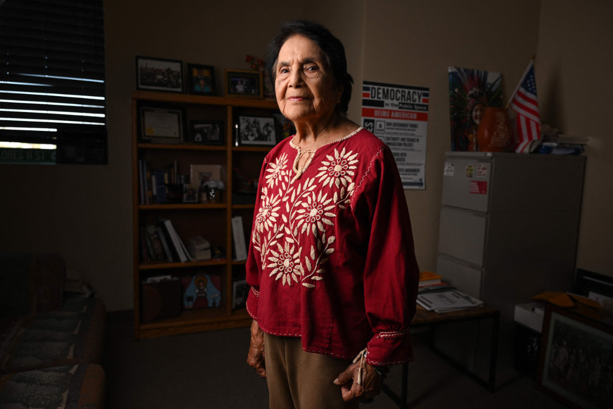 Dolores Huerta poses in her office in Bakersfield, California, on July 21, 2025. One of the best-known leaders in the decades-long struggle for US farm laborer rights, Huerta may be 95 years old but she is busier than ever. (AFP)