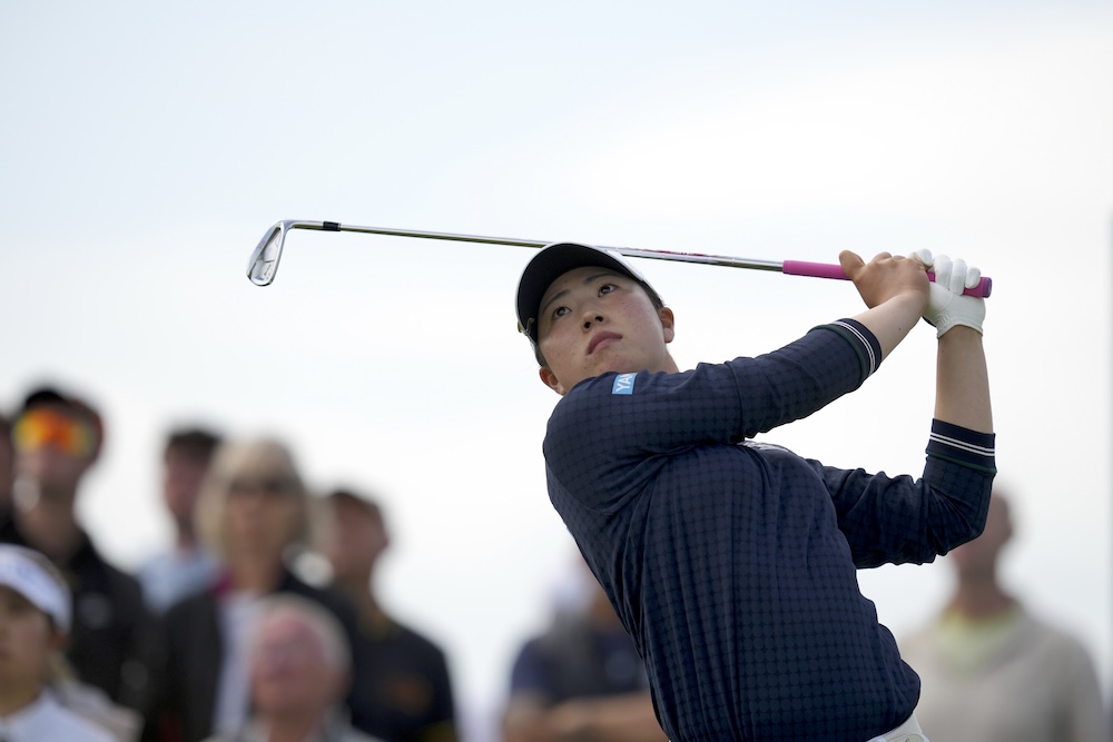 Tournament co-leader Rio Takeda of Japan during the first round of the Women’s British Open golf championship, at Royal Porthcawl Golf Club in Porthcawl, Wales, Thursday. (AP)