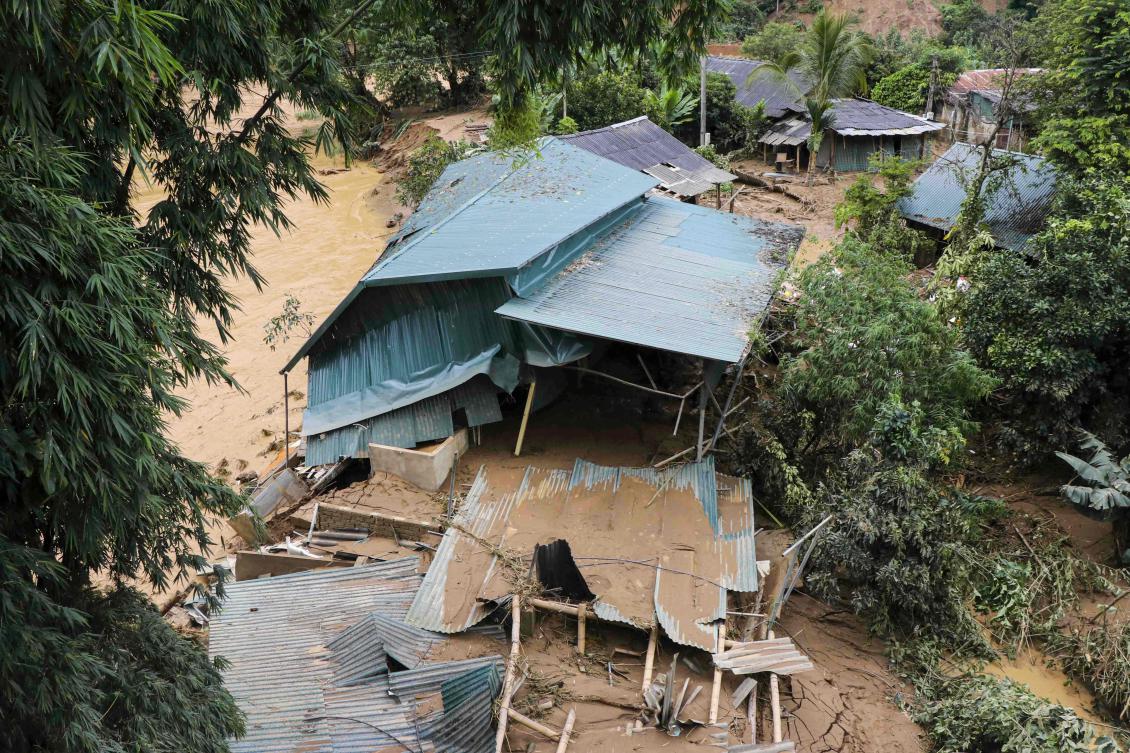 Above, a collapsed house due to flooding in northern Vietnam’s Dien Bien province on Aug. 1, 2025. (Vietnam News Agency/AFP)