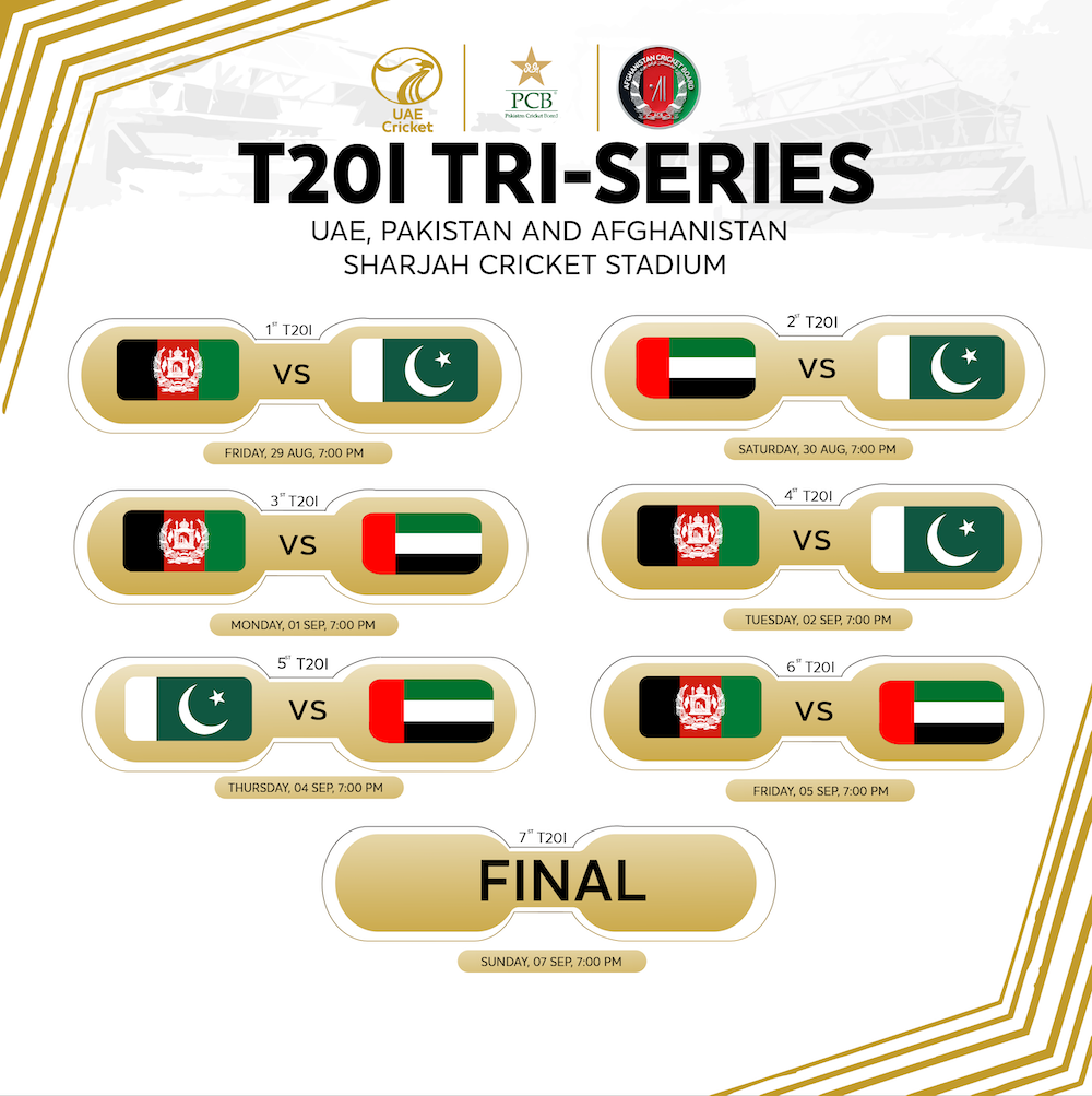 T20I Tri-Series will take place in Sharjah from Aug. 29 to Sept. 7. (Supplied)