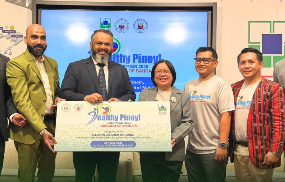 Philippine Ambassador Anne Jalando-on Louis poses for a group photo at the launch event of Healthy Pinoy 2025, held ahead of the program start on July 29 2025, in Muharraq, Bahrain. (Philippine Embassy in Bahrain)