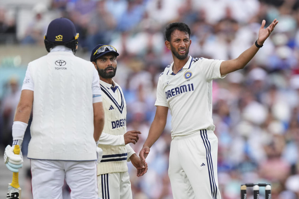 India’s Prasidh Krishna reacts after not given out during the second day of the fifth cricket test match between England and India at The Kia Oval in London, Aug. 1, 2025. (AP)