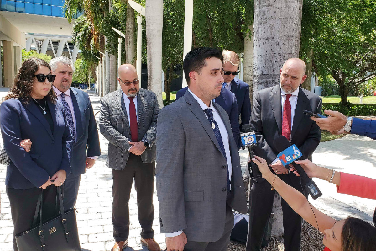 Dillon Angulo, who was seriously injured in a Florida crash involving Tesla's Autopilot driver assist technology, speaks to reporters outside the federal courthouse in Miami on Aug. 1, 2025. (AP)