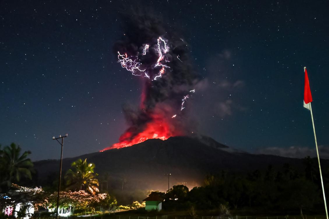 Mount Lewotobi Laki-Laki spewing lava and volcanic ash up to approximately 10 kilometers high during its eruption as observed from the monitoring post in East Flores, in East Nusa Tenggara province. (Indonesia’s Geological Agency/AFP)
