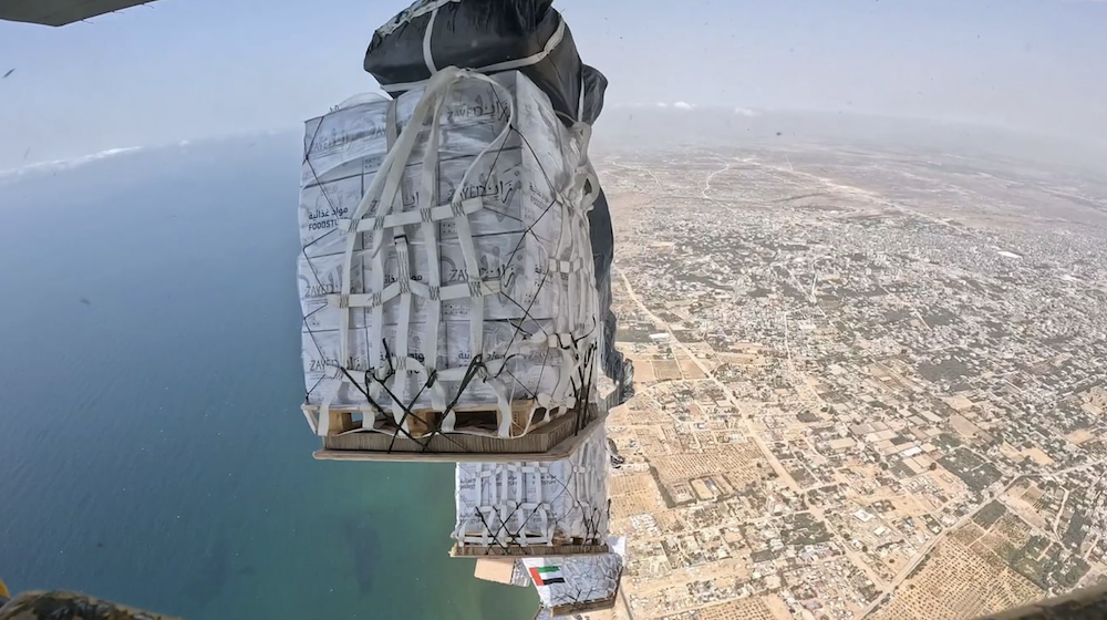 The UAE on Saturday carried out its 60th airdrop of humanitarian aid to the Gaza Strip. (Emirates News Agency)