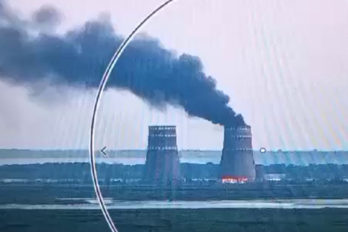 File photo from a video footage released by the Ukrainian Presidential Press Service on August 11, 2024, shows a fire at a cooling tower of the Russian-controlled Zaporizhzhia nuclear power plant in Energodar, Southern Ukraine. (AFP)