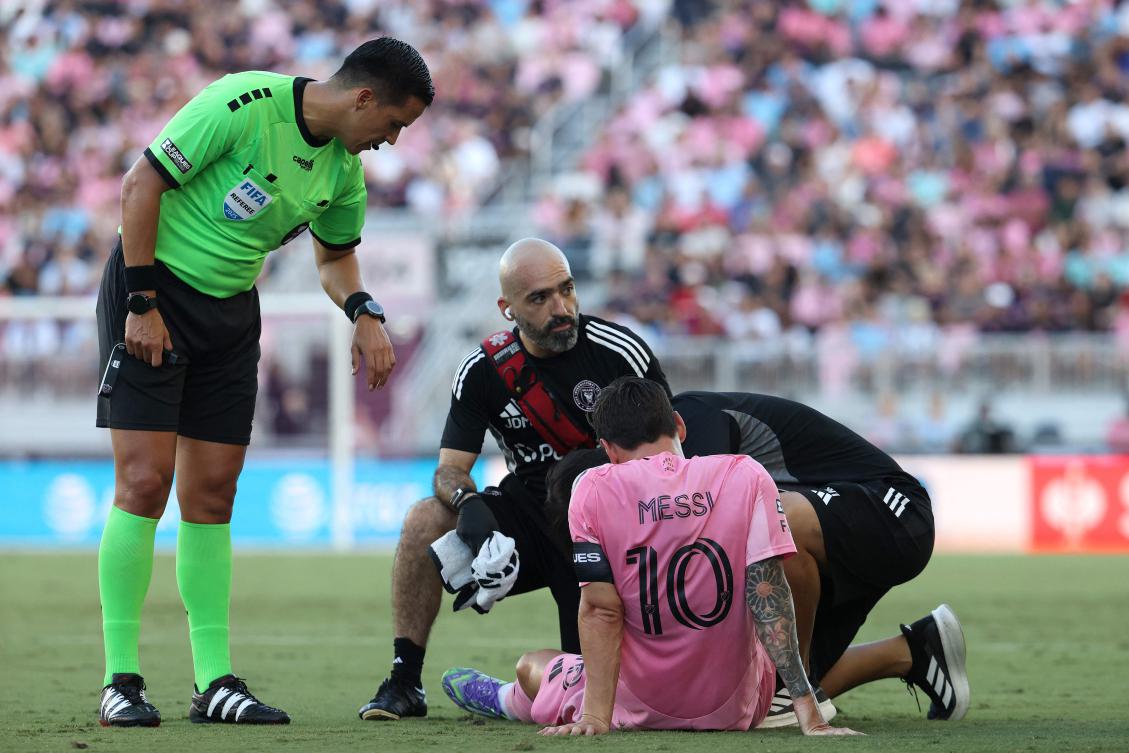 Lionel Messi of Inter Miami CF goes down injured during the Leagues Cup Phase One match between Inter Miami CF and Club Necaxa on Aug. 2, 2025 in Fort Lauderdale, Florida. (Getty Images/AFP)