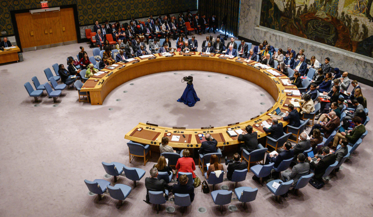 A general view shows a United Nations security council meeting on the protection of civilians in armed conflict, at the UN headquarters in New York on May 23, 2023. (AFP)