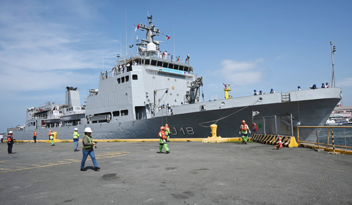 The Indian Navy survey vessel INS Sandhayak docks at the international port of Manila on August 1, 2025. (AFP)