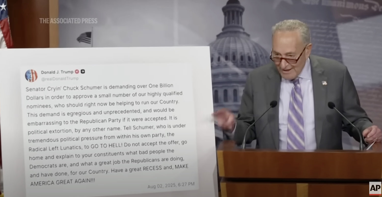 Still image from an APTV video showing US Senate Minority Leader Chuck Schumer giving a statement to the media in reaction to President Donald Trump's social media tirade after failing to get the Democrats to consent to his nominees. (AP)