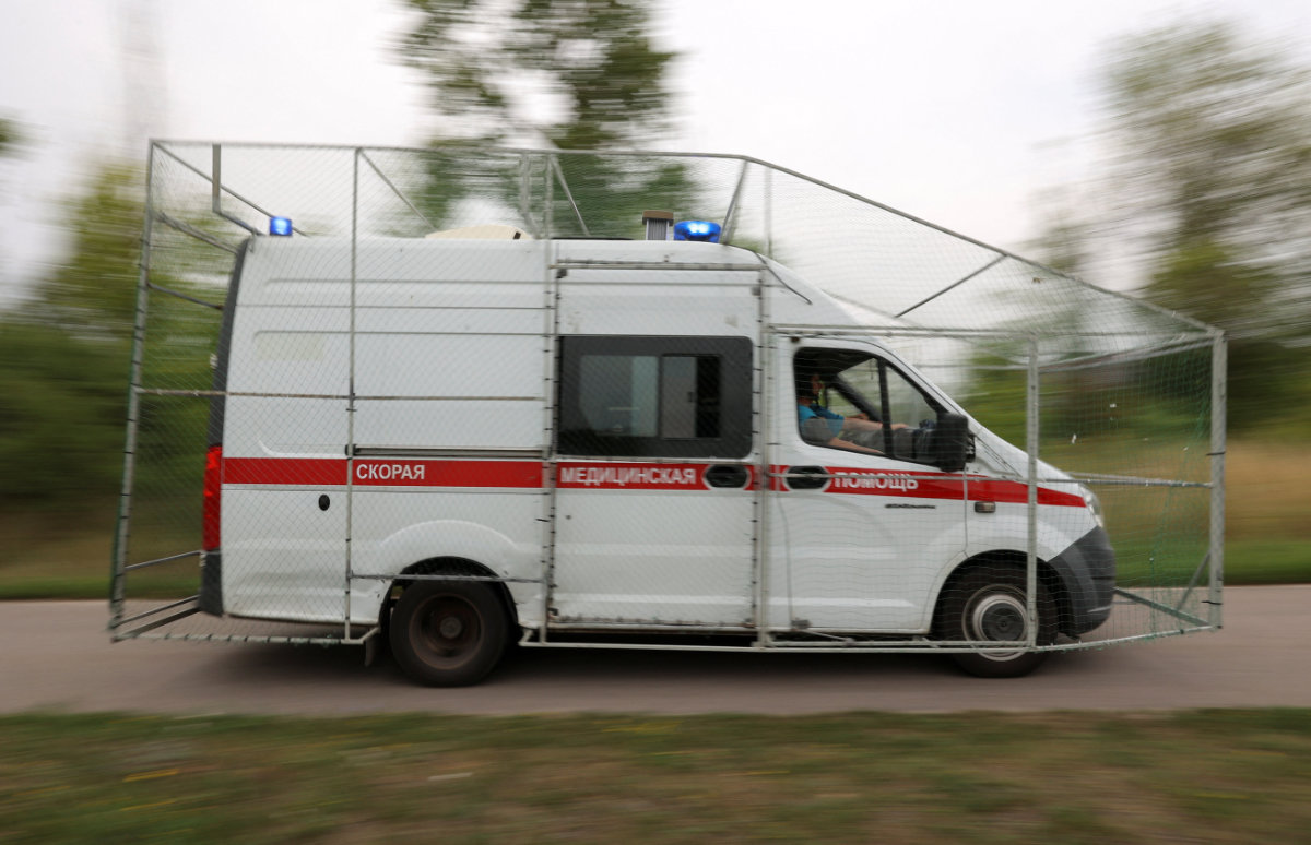 An ambulance equipped with a protective cage drives along a road, following regional authorities' decision to secure ambulances and reduce the potential impact of drone strikes amid Russia-Ukraine military conflict, near Belgorod, Russia, on August 3, 2025. On Sunday night, Ukrainian drone attacks hit Russia's southern region of Volgograd overnight. (REUTERS)