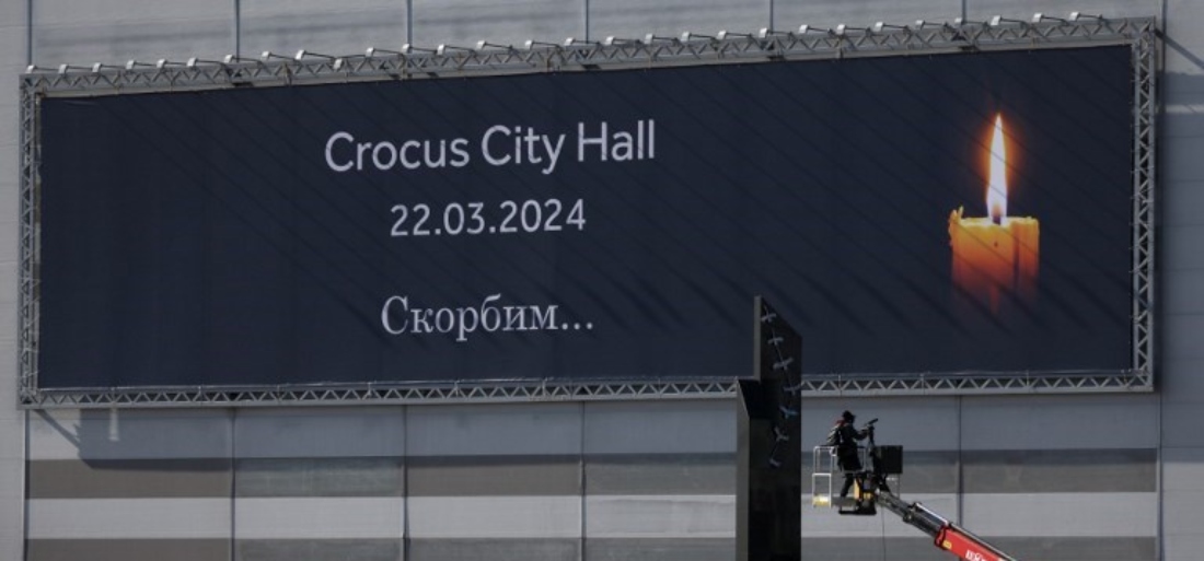 A memorial in memory of the victims of the terrorist attack at the Crocus City Hall concert venue in Krasnogorsk, outside Moscow, Russia. (AFP)