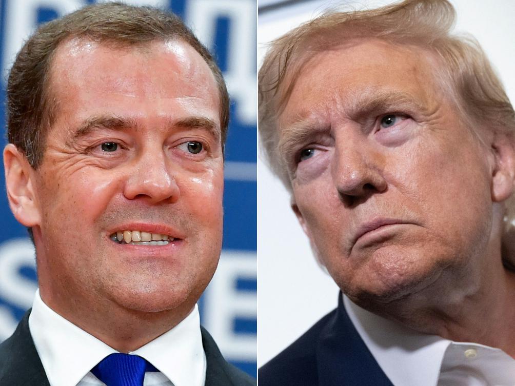This combination of pictures created on August 01, 2025 shows, L/R, then Russian Prime Minister Dmitry Medvedev in Belgrade, on October 19, 2019 and US President Donald Trump aboard Air Force One on July 29, 2025, as he returns to Washington following a trip to Scotland. (AFP)