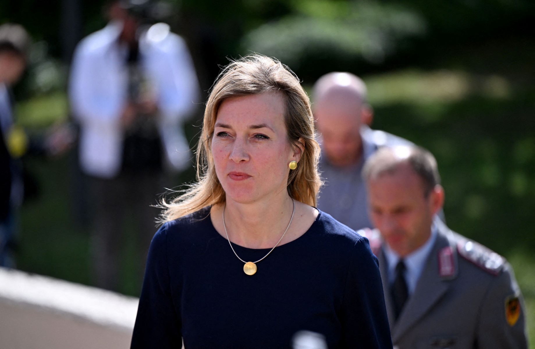 Former State Secretary at the German Defence Ministry, Siemtje Moeller, is pictured after she gave a statement at Ramstein Air Base, southwestern Germany, Sept. 19, 2023. (AFP)