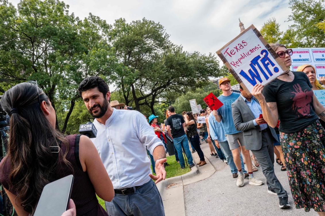 Texas Democratic lawmaker Greg Casar speaks to a reporter during an emergency march and picket rally outside of the Governor’s Mansion on Aug. 04, 2025 in Austin, Texas. (Getty Images/AFP)