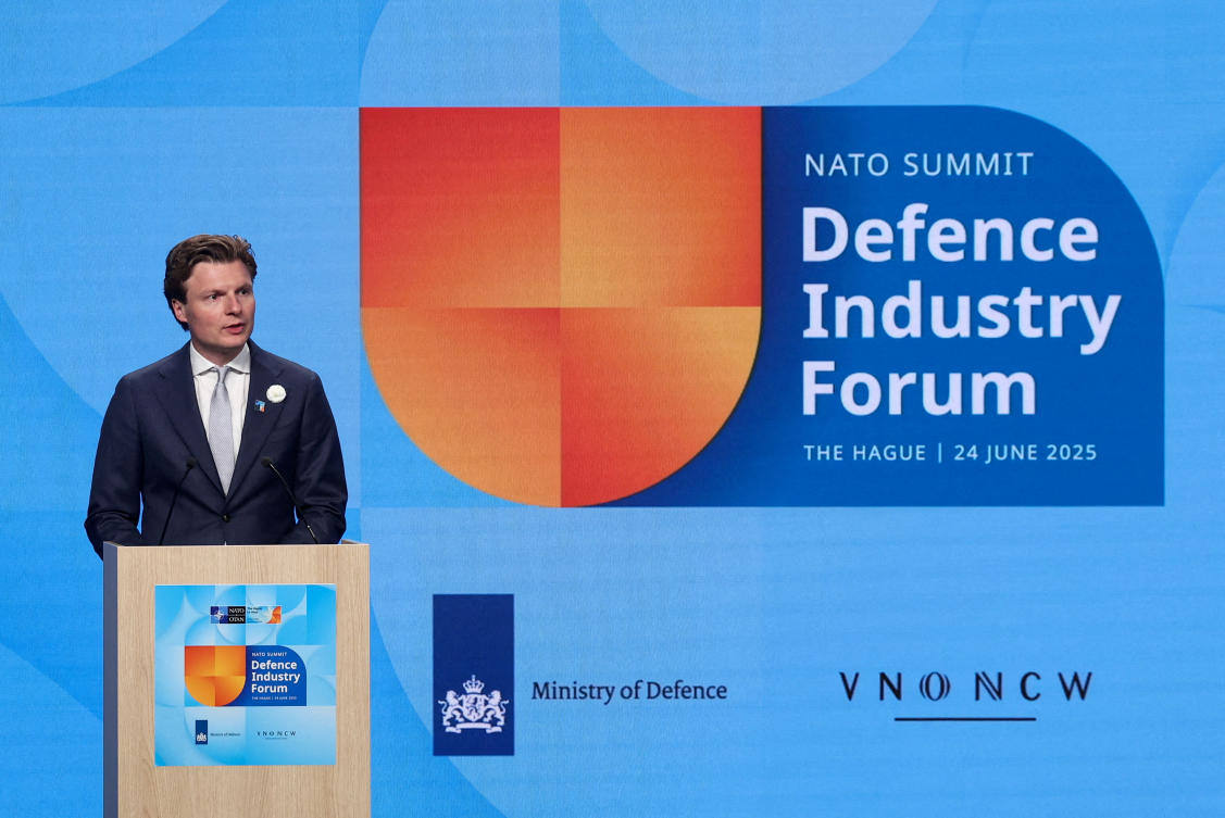 Dutch Defence Minister Ruben Brekelmans addresses a NATO Defence Industry Forum, on the sidelines of a NATO summit, in The Hague, Netherlands June 24, 2025. (REUTERS)