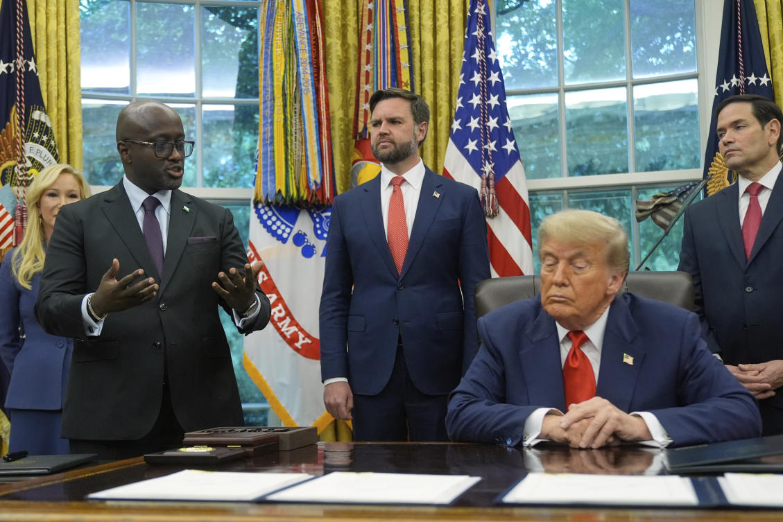 President Donald Trump listens as Rwanda's Foreign Minister Olivier Nduhungirehe speaks during a event with Congo's Foreign Minister Therese Kayikwamba Wagner, June 27, 2025. (File/AP)