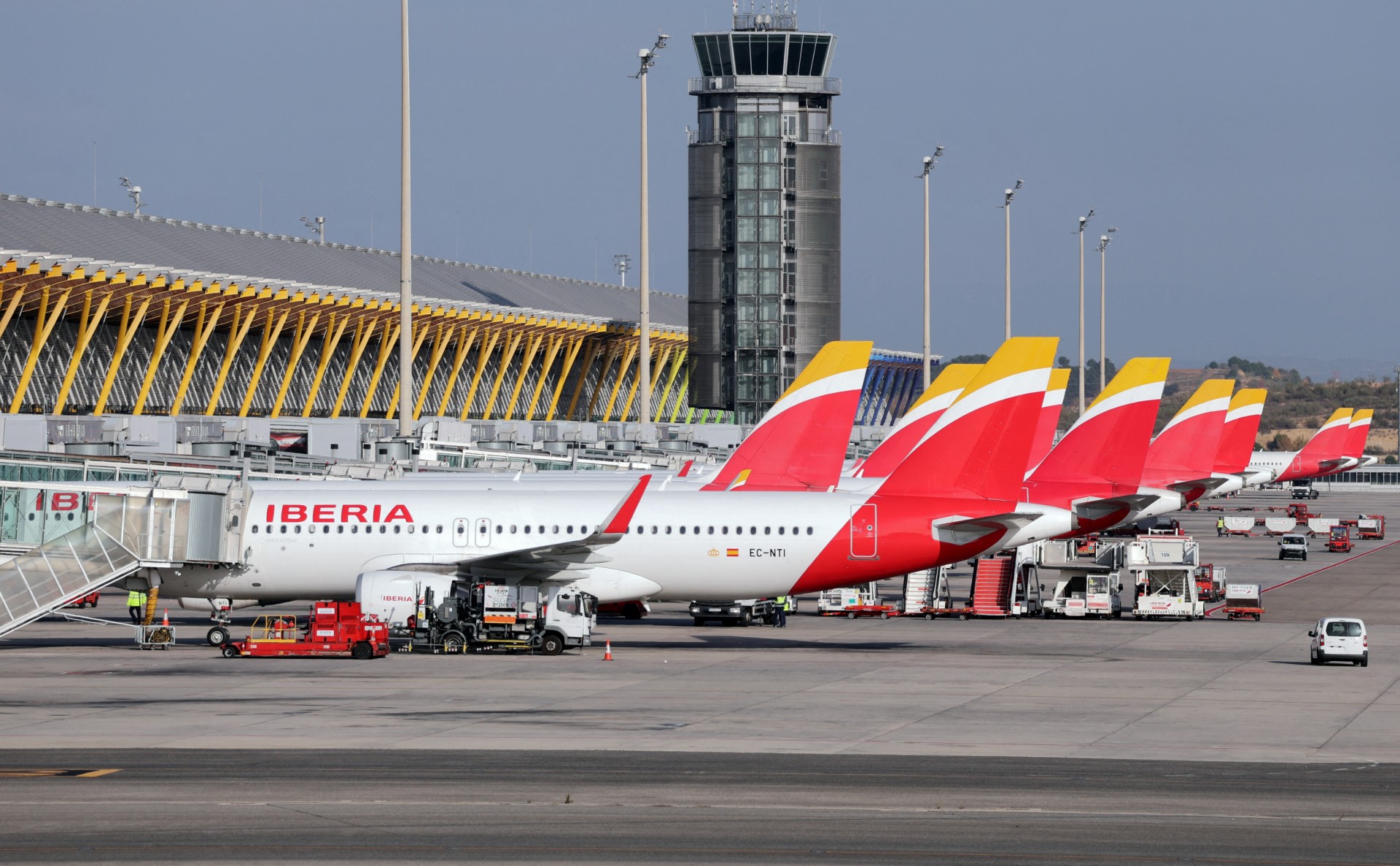 Spain's flagship carrier Iberia's planes are parked at the Madrid-Barajas Adolfo Suarez Airport in Madrid, on December 3, 2024. (File/AFP)