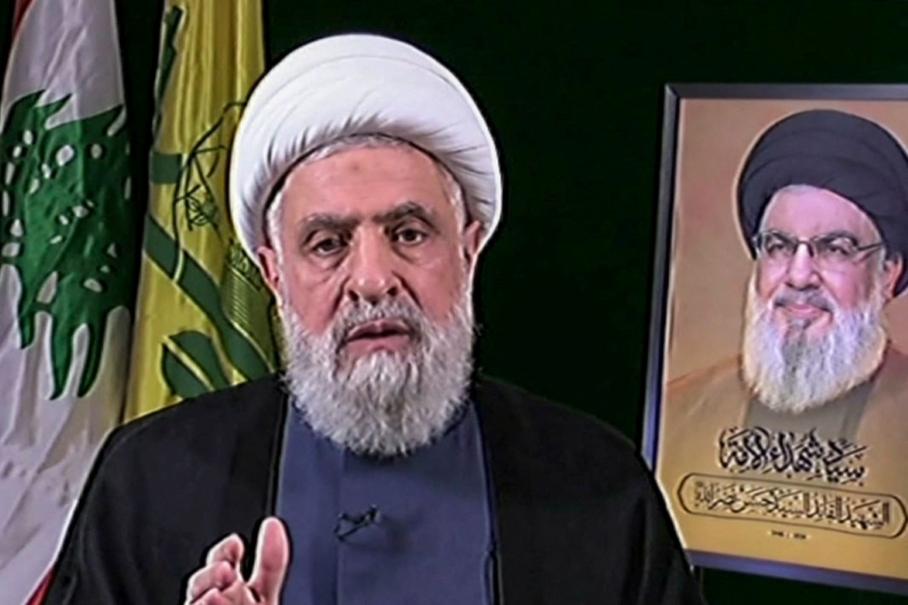 An image grab taken from Hezbollah's al-Manar TV shows the Lebanese group's new leader, Naim Qassem, during a televised address, Oct. 30, 2024. (AFP)