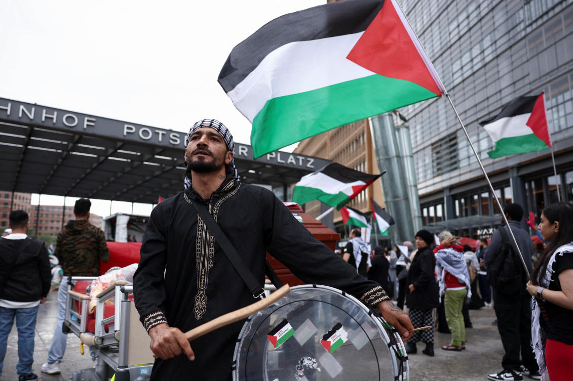 People protest against Israel and in solidarity with Palestinian children in Gaza, at Potsdamer Platz, in Berlin, Germany, August 3, 2025. (Reuters)