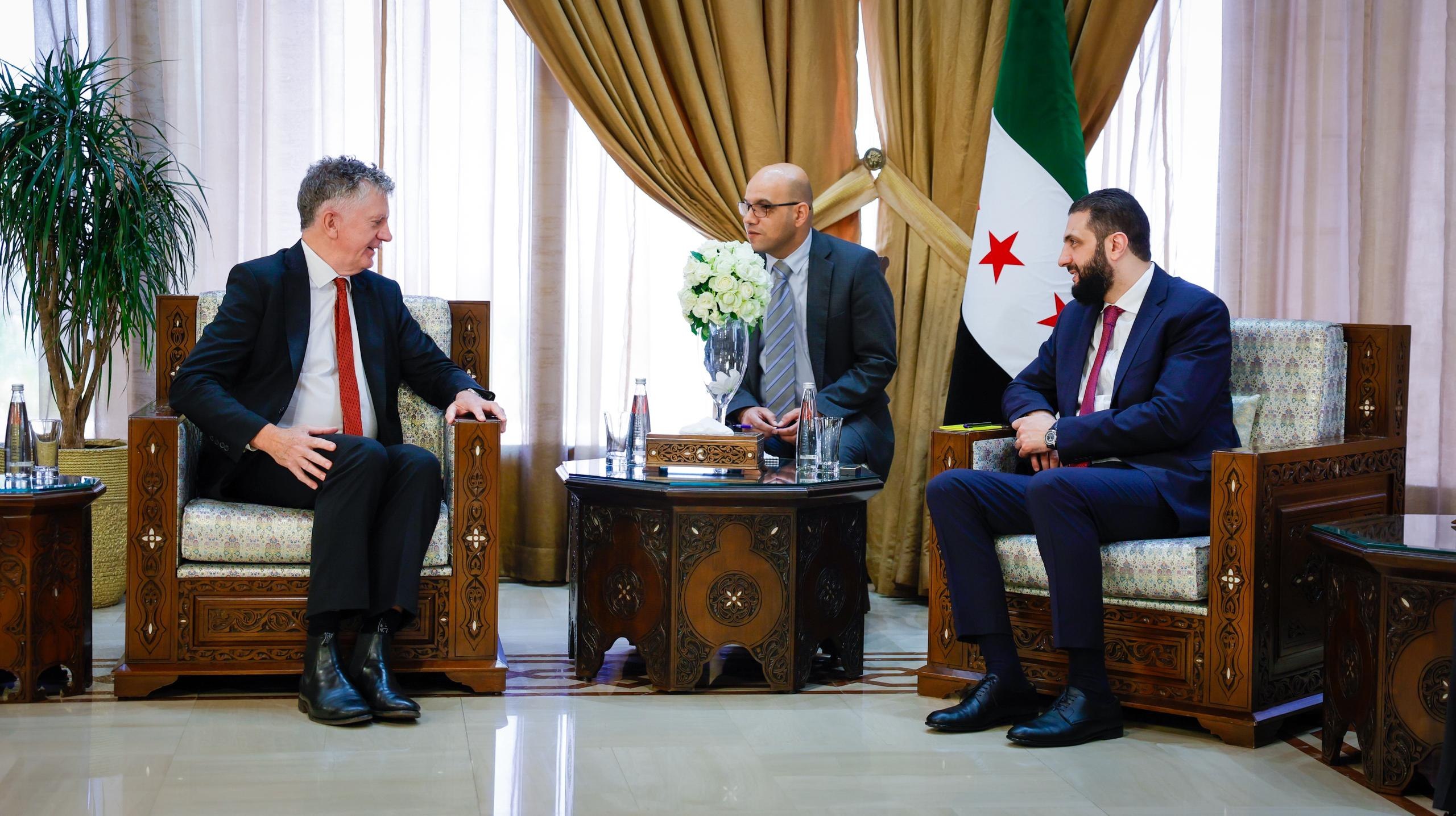 Ahmad Al-Sharaa, the interim president of Syria , and the UK National Security Adviser Jonathan Powell. (SANA)