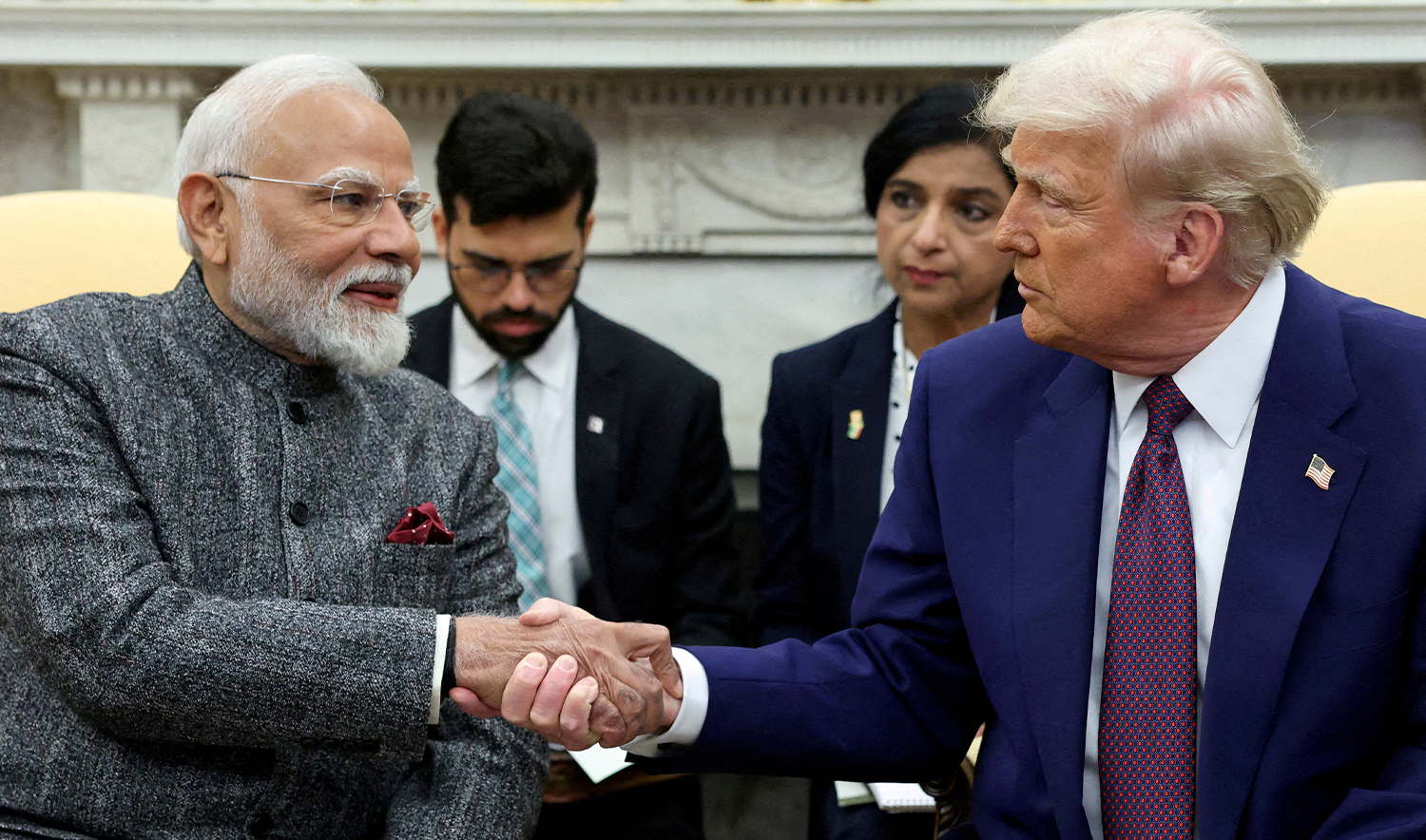 US President Donald Trump and Indian Prime Minister Narendra Modi shake hands, at the White House in Washington, DC, US, on February 13, 2025. (REUTERS/File)