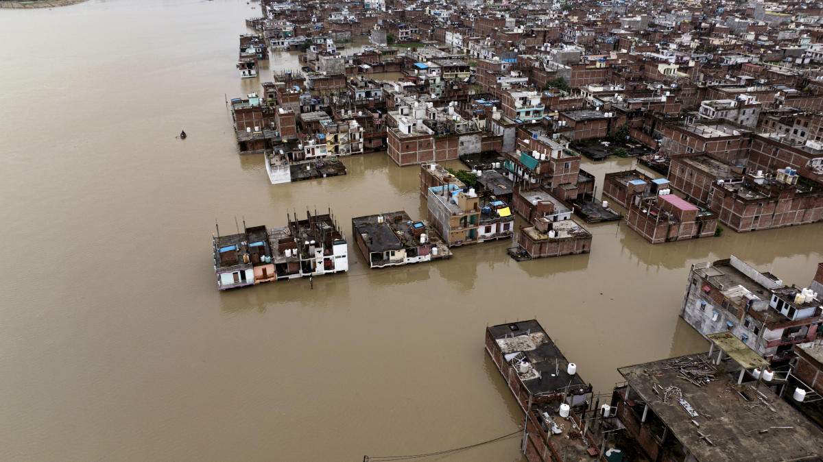 A flooded area on the banks of the river Ganges following heavy monsoon rains in Prayagraj, India, Monday, Aug. 4, 2025. (AP)